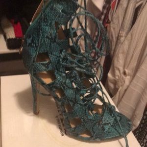 Turquoise snake print cage sandal